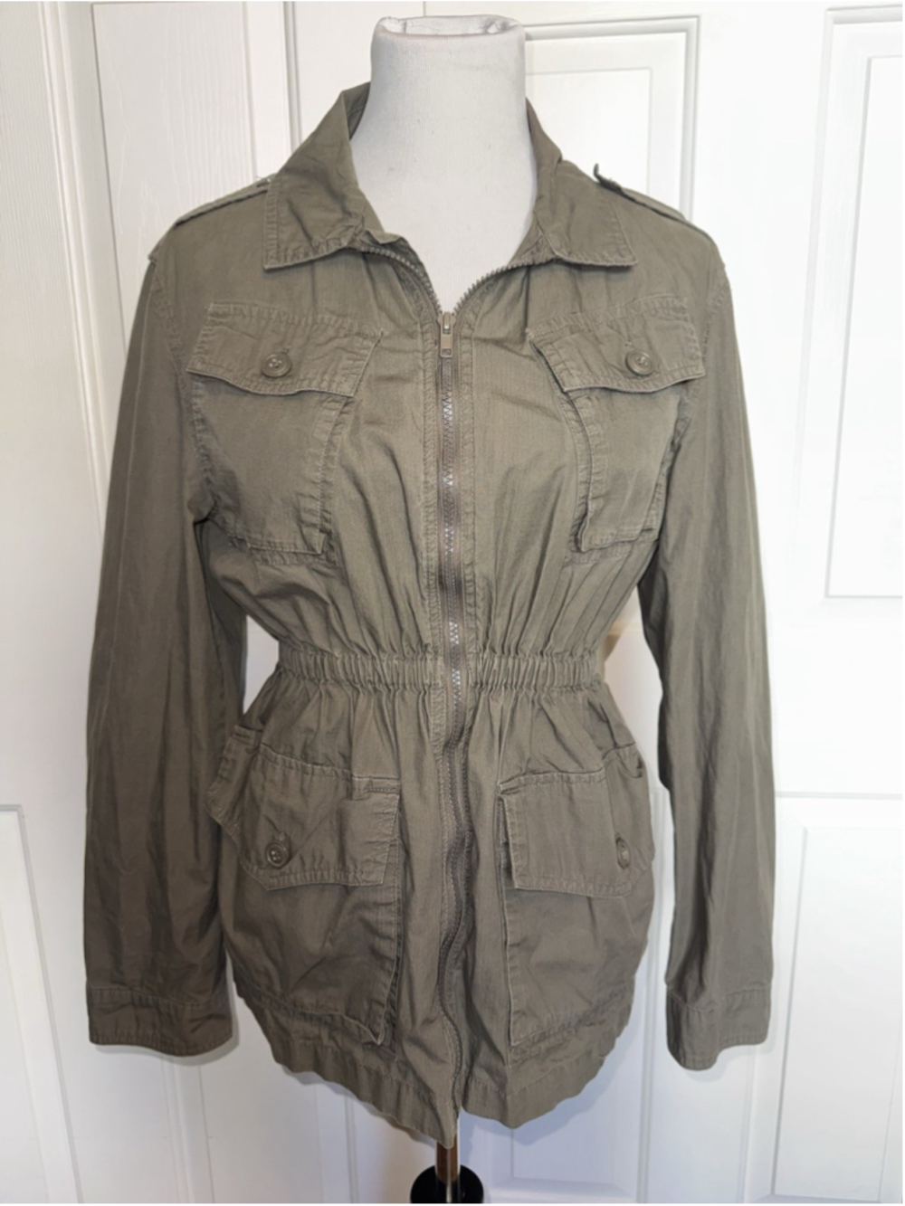 Norma Kamali Utility Safari Jacket Small Army Green Cargo Cinched Waist Military